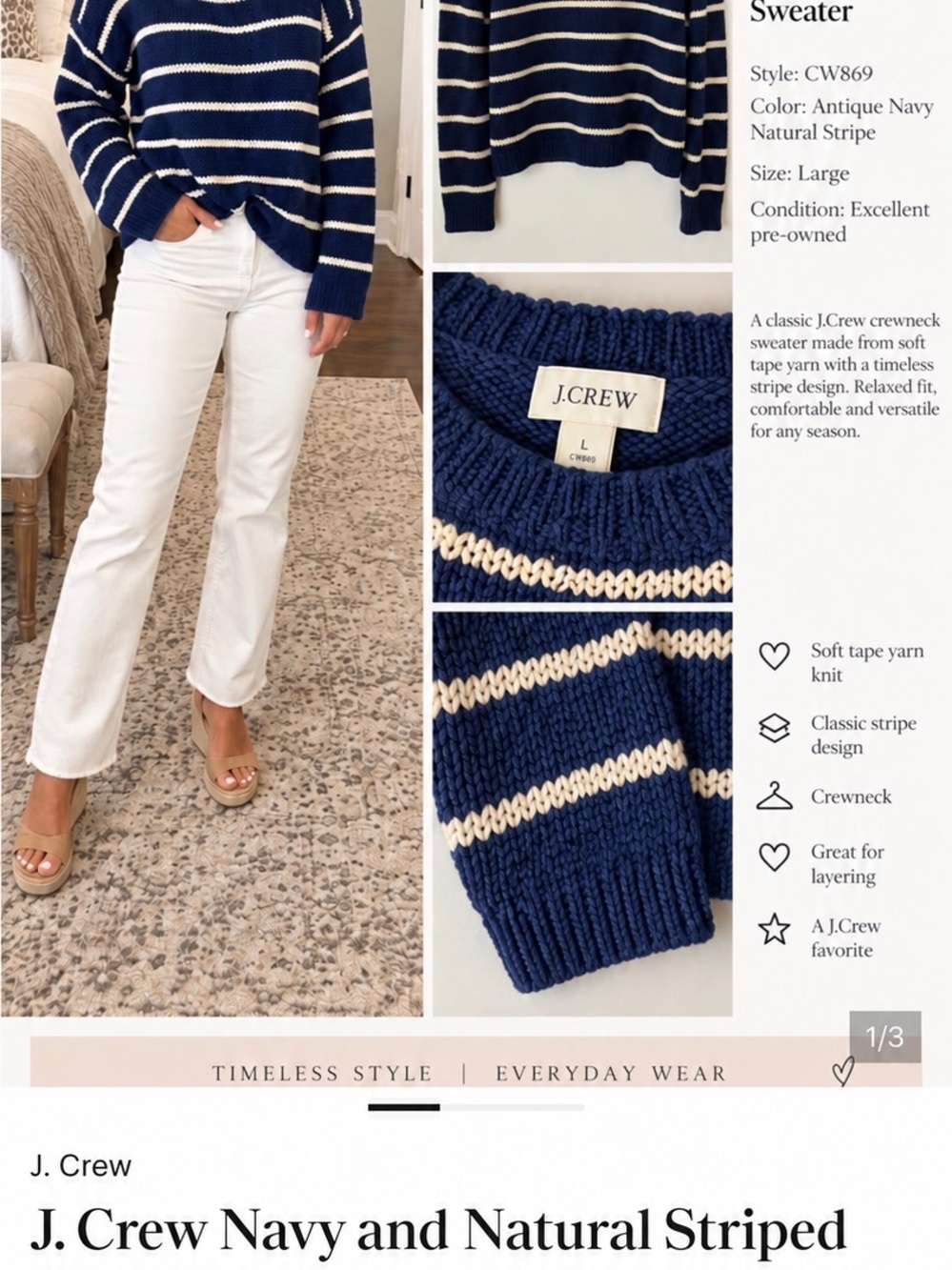 J. Crew Navy and Natural Striped Crewneck Sweater